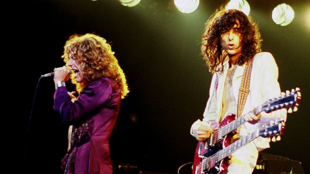 Jimmy Page and Robert Plant of Led Zeppelin performing live in 1977.